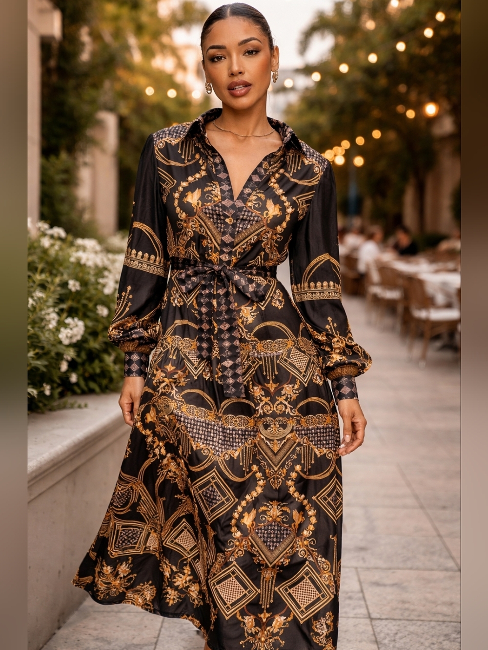 Black and Gold Patterned Long Sleeve Maxi Dress